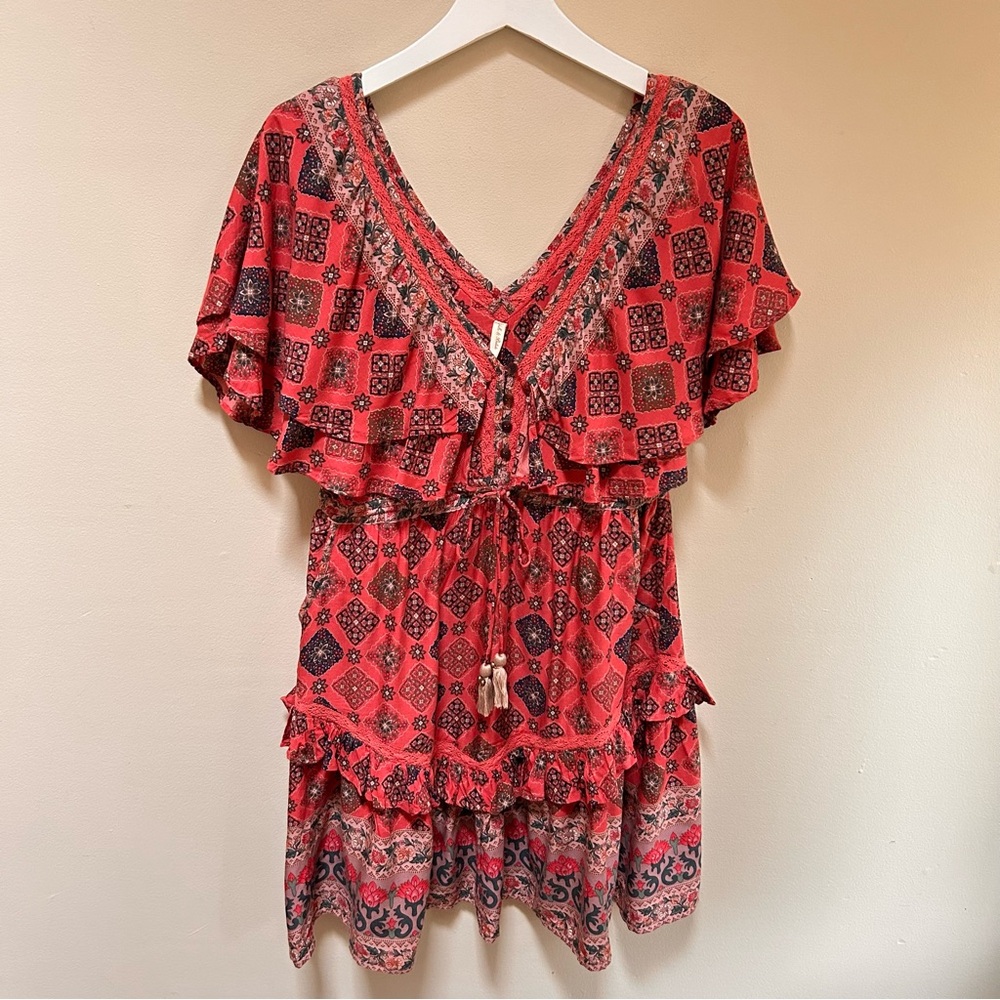 Tulle & Batiste ~ Boho Flowy Ruffle Lace V -Neck Floral Print Dress in size 8